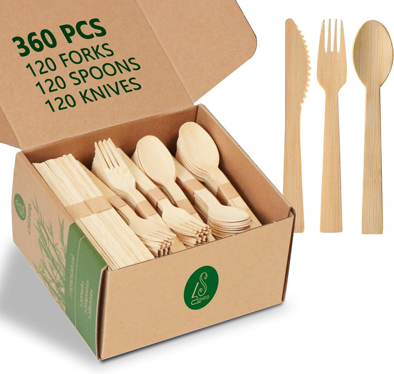 Disposable Bamboo Cutlery Set, 100% All-Natural, 200 Pieces (100 Forks, 50 Spoons, 50 Knives), Eco-Friendly Biodegradable Disposable Cutlery for Party, Camping, Weddings (200)