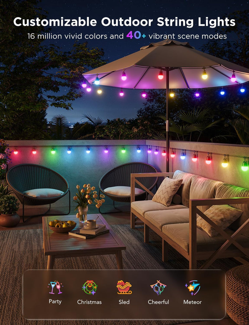 Govee Smart Outdoor String Lights 2, 144Ft RGBIC Outdoor Lights with Dimmable Warm White LED Bulbs, 47 Scene Modes for Patio, Backyard, Balcony, IP65 Waterproof, Works with Alexa, Google Assistant