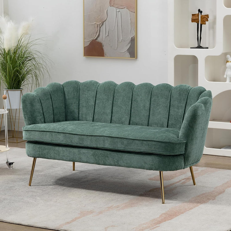 Chenille Small Loveseat Sofa with Gold Metal Legs, 59” Modern 2 Seater Sofa with Flower Backrest, Couch for Living Room Bedroom Office (Green)