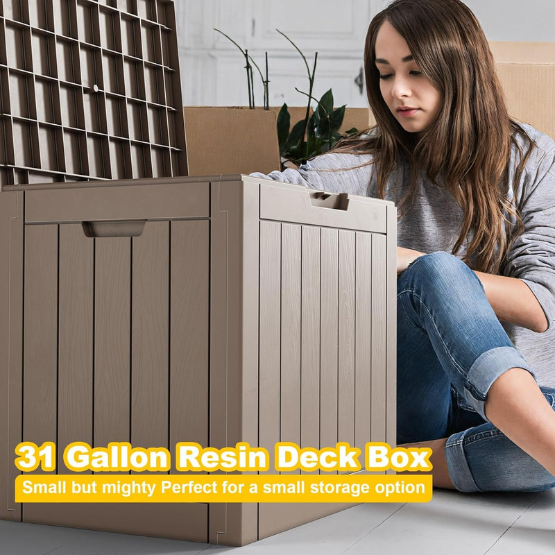 31 Gallon Waterproof Outdoor Storage Box,Resin Deck Box,Lockable outside Storage Box Container for Patio Furniure,Garden,Pool Tools (31 Gallon,Light Brown)