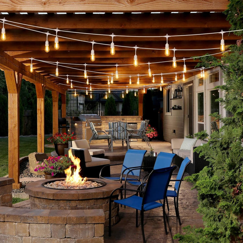 48FT Outdoor String Lights with Remote, Dimmable Patio Lights with 15+2 Waterproof LED Bulbs, 3 Modes 4 Timers Hanging Lights for Yard, White