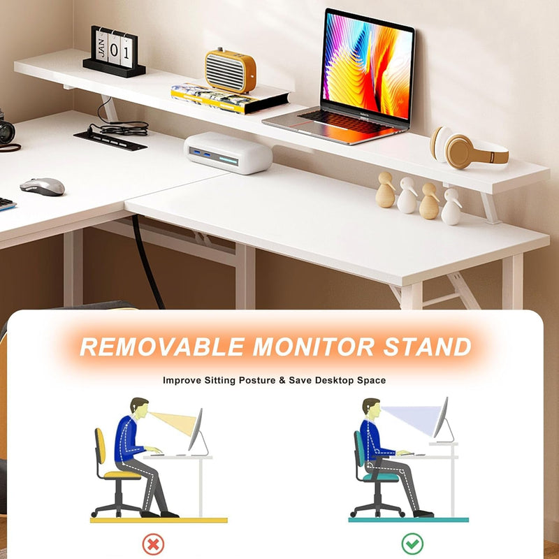 Dlandhome Reversible L-Shaped Desk with Monitor Stand,Led Lighting Computer Desk with Power Outlets,Home Office Table Computer Workstation, White