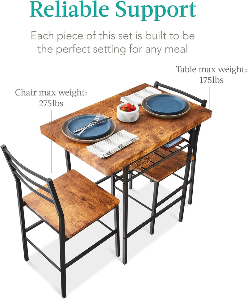 Best Choice Products 3-Piece Modern Dining Set, Space Saving Dinette for Kitchen, Dining Room, Small Space W/Steel Frame, Built-In Storage Rack - Brown