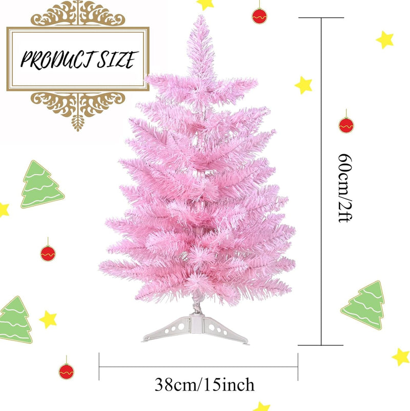 2FT Artificial Christmas Tree Pink Tabletop Christmas Tree with Plastic Stand Mini Xmas Pine Tree for Party Supplies Indoor Outdoor Holiday Home Decoration (Pink)