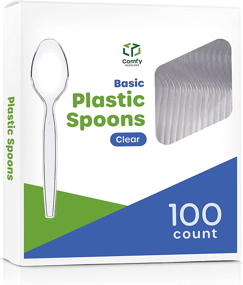 Comfy Package [100 Pack] Heavy Duty Disposable Clear Plastic Spoons - Plastic Silverware, Basic Cutlery for Parties, Events, and Everyday Use