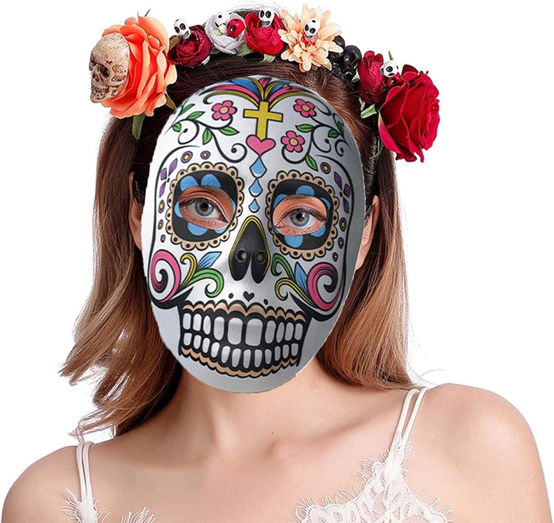 2 Pcs Day of the Dead Sugar Skull Mask Halloween Full Face Mask Women Zombie Skeleton Bone Flower Leaf Masquerade Party Mask for Birthday Festival Holiday Carnival Bar Cosplay Mexican Party Supplies