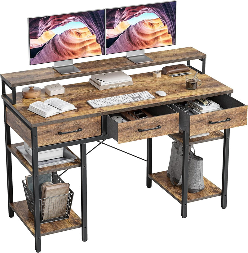 Cubicubi 47 Inch Computer Desk with 3 Drawers and Storage Shelves, Small Home Office Desk with Monitor Stand, Study Writing Table for Bedroom, Rustic Brown