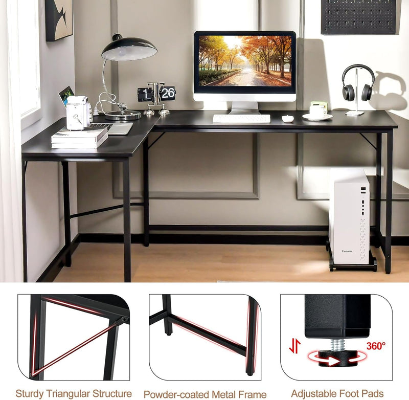 Giantex L-Shaped Desk with Power Outlet, 66" Computer Corner Desk with CPU Stand & Heavy-Duty Metal Frame, Large Gaming Desk Writing Study Desk, Space-Saving Home Office Workstation (Black)