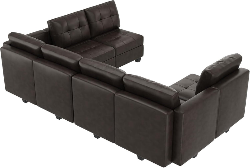 HONBAY Modular Sectional Couch with Storage Faux Leather Convertible Modular Sectional Sofa U Shaped Couch with Ottomans and Chaises Faux Leather 7-Seater Sectional Sofa for Living Room, Brown