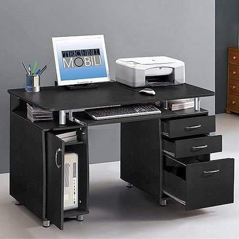 Black Computer Desk - Wood Computer Workstation with 1Pc Door, 3Pcs Drawers and Keyboard Tray for Home Office Workstation Multipurpose Home Office Writing Desk,2021 New, 45.27 X 21.65 X 29.13