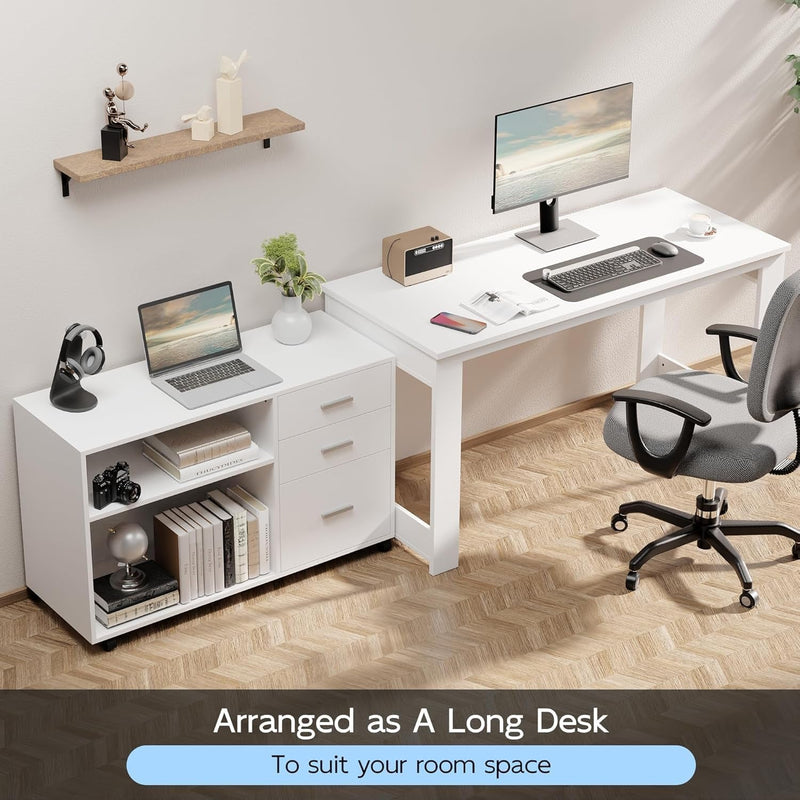55Inch White L Shaped Desk, Corner Computer Desk with 3 Drawers and 2 Shelves, Writing Office Table with Storage File Cabinet, Large Executive Desk with Wheels for Home Office, Bedroom