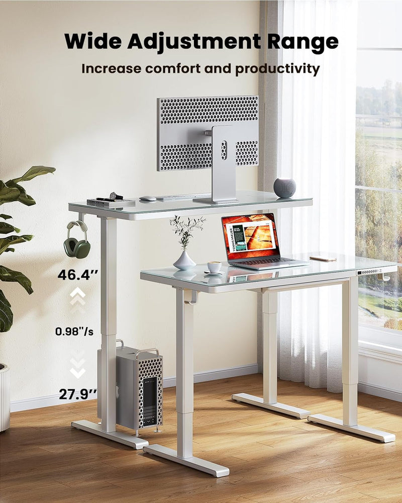 Ergear Dual Motor Electric Standing Desk with Drawers,48X24 Inch Whole-Piece Glass Desktop Quick Install,Height Adjustable Stand up Sit Stand Home Office Ergonomic Workstation with USB Charging Ports