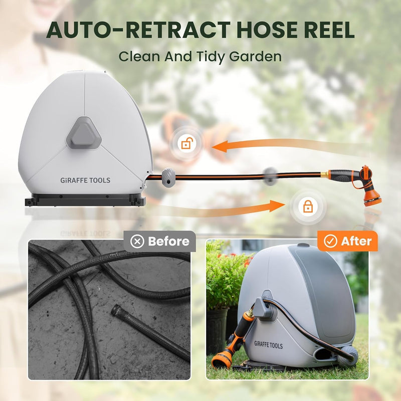 Giraffe Tools Retractable Hose Reel 1/2 Inch X 82Ft,Heavy Duty Ground Mount Garden Hose Reel, Automatic Rewind, Any Length Lock, with 9-Function Sprayer Nozzle & Flexible Swivel Base