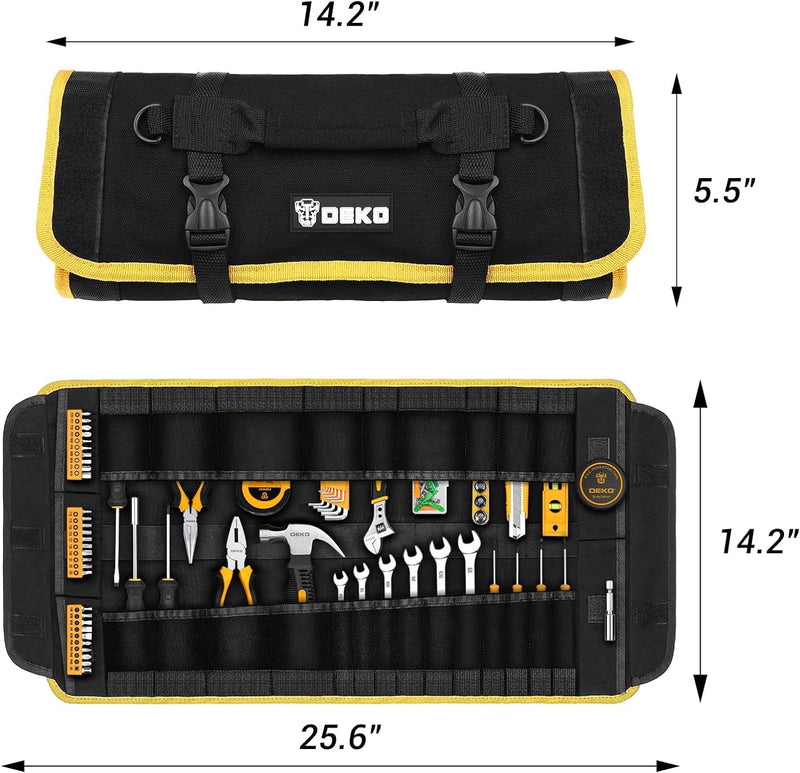 DEKOPRO Tool Roll Bag with Tool Set: Small Tool Roll Organizer Pouch Pocket Bag with Tool Kit Gifts for Men Heavy Duty Tool Storage Bags Pouches Mechanic, Electrician Tools