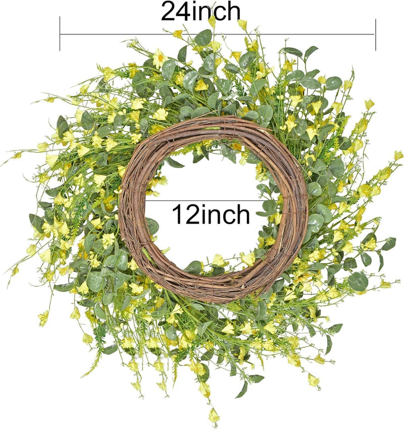 24 Inch Artificial Daisy Flower Spring Wreath with Eucalyptus Green Leaves Wreath Farmhouse Wreath for Front Door Wall Home Party Decorations