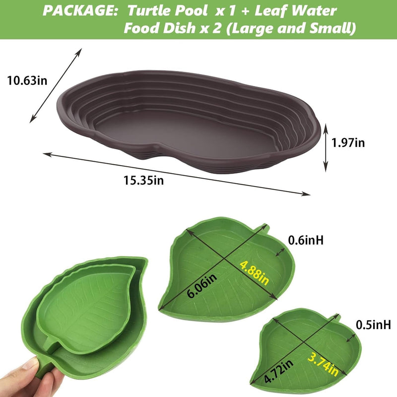 3PCS Tortoise Water Bowl with Ramp Leaf Tortoise Water Food Dish Turtle Pool Tortoise Bathing Pool Reptile Water Dish Large Soaking Dish Box Turtle Habitat Accessories