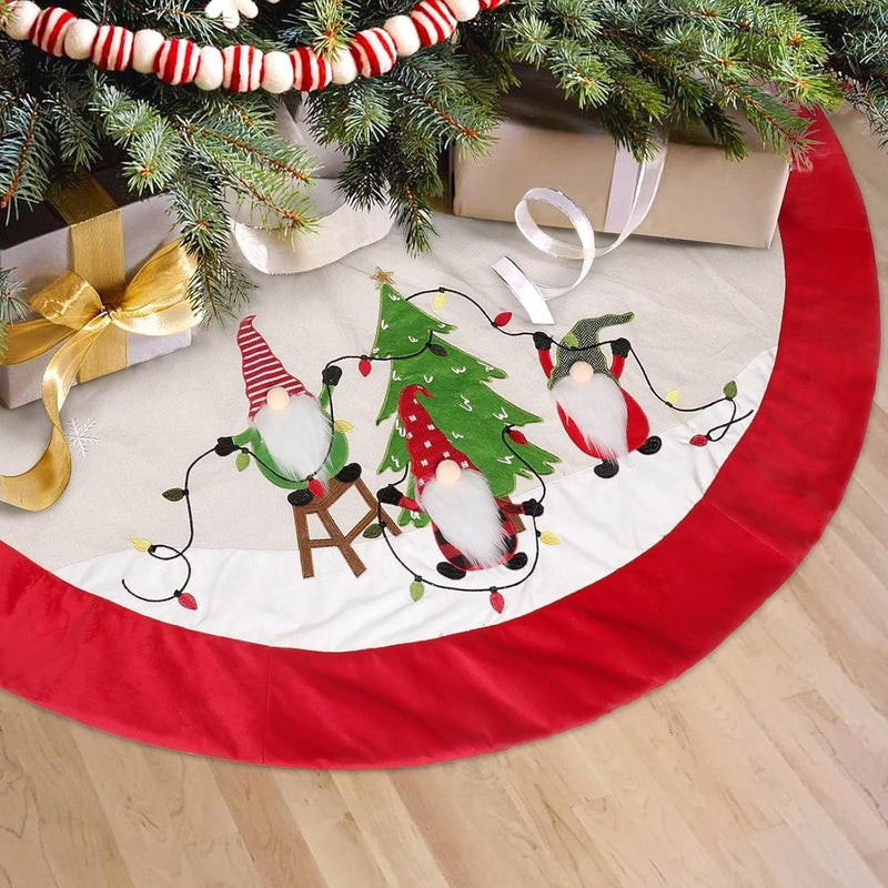 Burlap Christmas Tree Skirt, 48 Inch Soft Red Edge Tree Mat with Gnomes & String Lights Xmas Tree Skirt Christmas Holiday Decorations for Home Party Indoor