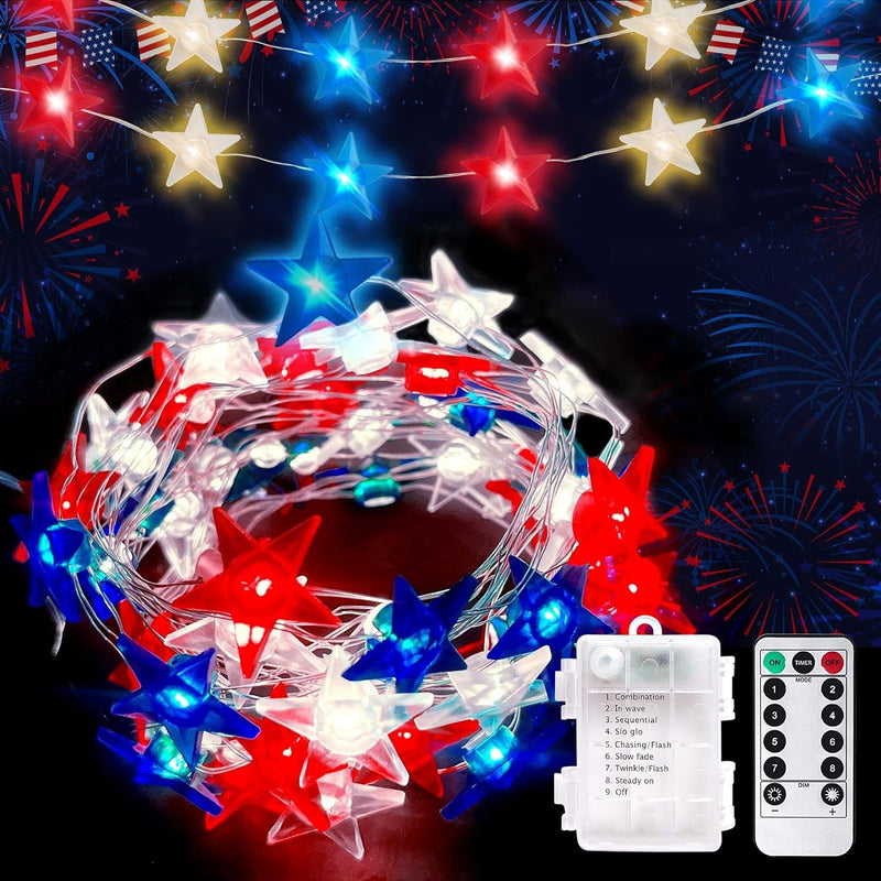 4Th of July Decorations Red White and Blue String Lights 16FT 50 LED Battery Operated Patriotic Fairy Lights with Timer & Remote for Independence Day Memorial Day Fourth of July Decor for Home