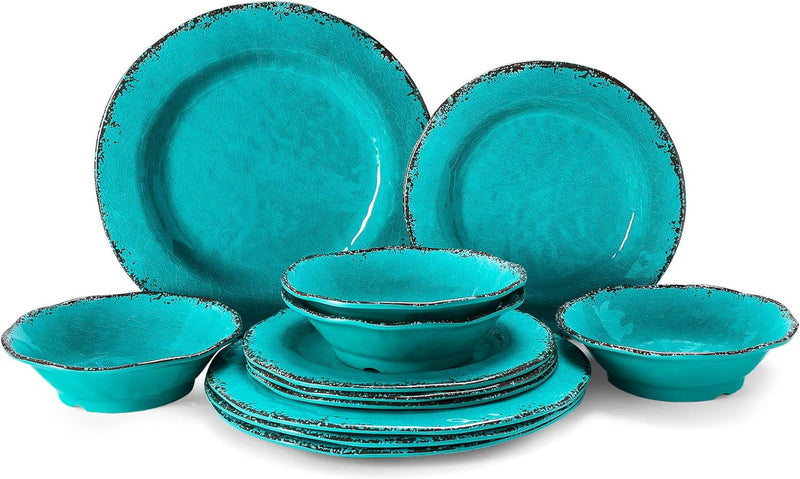 12 Piece Crackle Lightweight Melamine Dinnerware Set-Service for 4, Break-Resistant and Durable Rustic Plates and Bowls Dishware Sets Perfect for Patio and Outdoor Activities