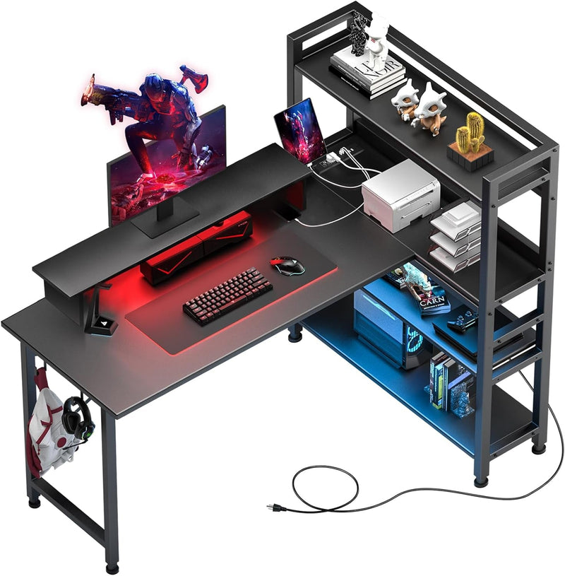 COMHOMA Gaming L Shaped Computer Desk, 55" Home Office Desk with Shelves, L Shape Computer Corner Desk with Charging Port, Gaming Table Power Outlet Build In, LED Writing Desk with Monitor Stand Black