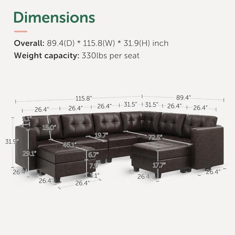 HONBAY Modular Sectional Couch with Storage Oversized U Shaped Couch with Ottomans and Chaises Faux Leather 8-Seater Sectional Sofa for Living Room, Brown