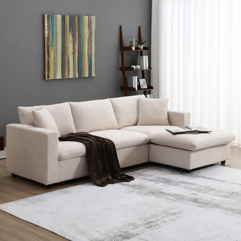 100.4" Sectional Sofa Couch for Living Room, Modern L Shaped Couch Set with 2 Pillows, 4 Seater Polyester Fabric Sofa with Reversible Ottoman for Apartment Office (Beige)