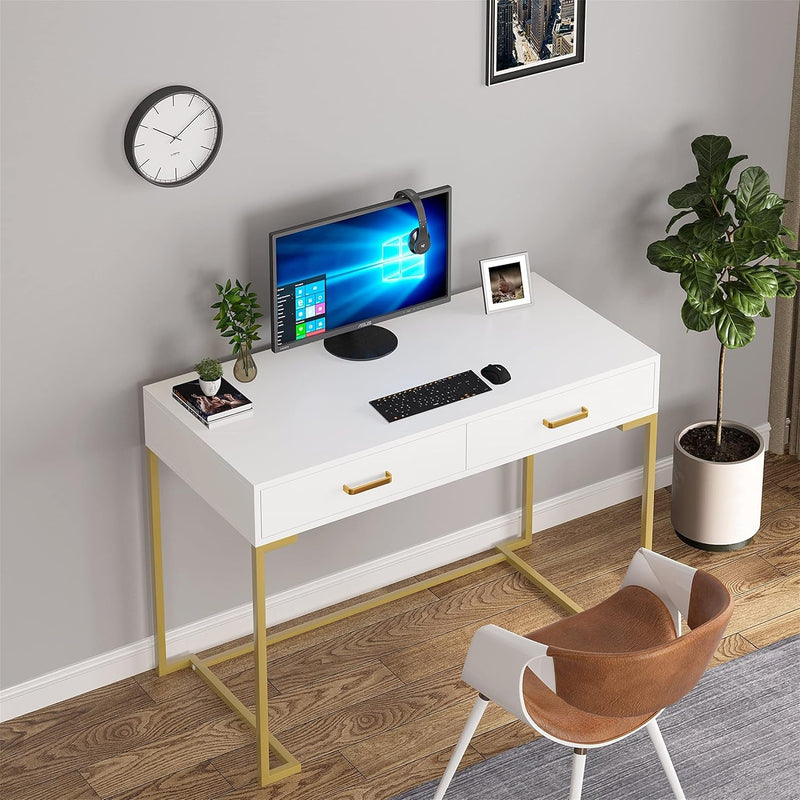 Computer Desk with 2 Drawers, Modern Study Writing Table with Storage for Home Office White+Gold Not Included Mirror