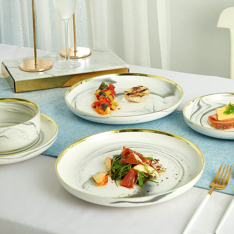 Dinnerware Sets, Marble Gold Line Plates and Bowls Sets Stoneware Dishes Set for 4, 12 Piece White Grey Marble Porcelain round Dinner Dish Sets