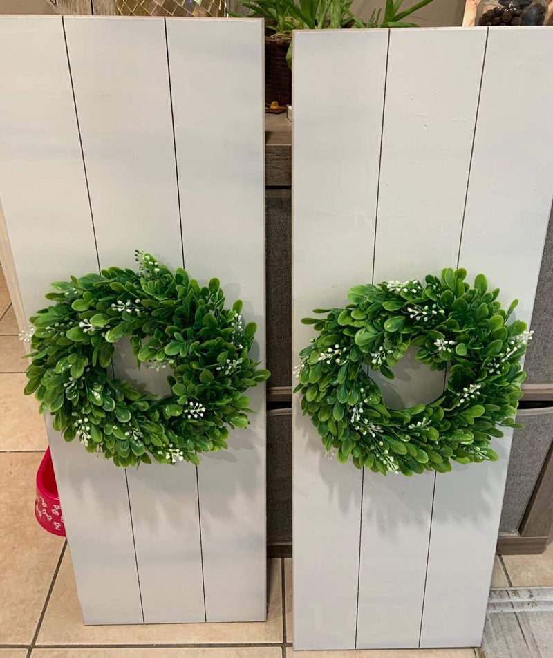 4 Packs Artificial Green Leaves Wreath - 11 Inch Artificial Boxwood Wreaths with White Flower for Window Wall Wedding Decor