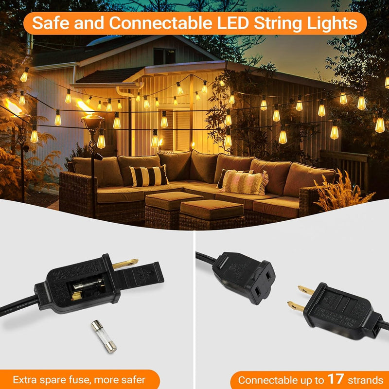 100FT LED Outdoor String Lights, Waterproof outside Patio Lights with 52 Dimmable ST38 Edison Bulbs, Connectable Hanging Lights for Yard Porch