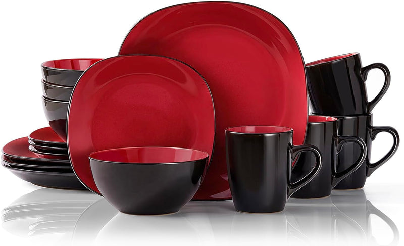 16 Piece round Kitchen Dinnerware Set,Plates and Bowls Sets,Dishes, Dinner Plates, Cereal Bowls Set，Bowls, Mugs, Dish Set，Plates and Bowls,Service for 4, Stoneware Dinnerware,Red and Black