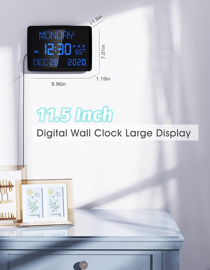 Digital Wall Clock, 11.5" Extra Large Display Calendar Alarm Day Clock with Date and of Week, Temperature,2 USB Chargers,3 Alarms, 5 Dimmer& 12/24Hr LED Desk for Office, Living Room, Bedroom, Elderly