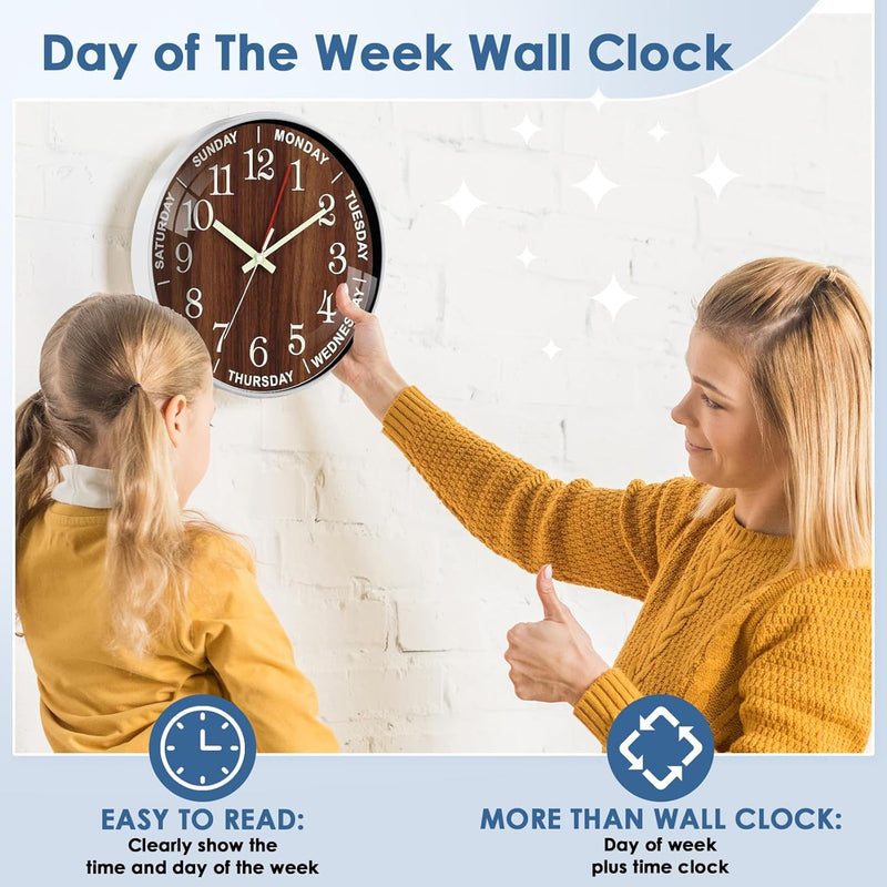 12 Inch Day of Week Wall Clock, Non Ticking Modern Clocks Battery Operated，Analog Day Clock for Seniors Eldly，Classic for Office Home Classroom School Living Room,Unique Gift Clock(Brown)