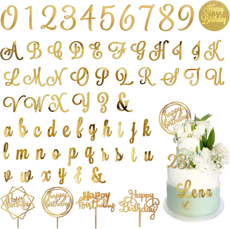 Acrylic Alphabet Number Cake Topper DIY Personalized Name Cupcake Toppers with A-Z Letter 0-9 Number Happy Birthday Sets for Custom Wedding Cake Decorations Baby Shower Party Supplies (Style1 Gold)