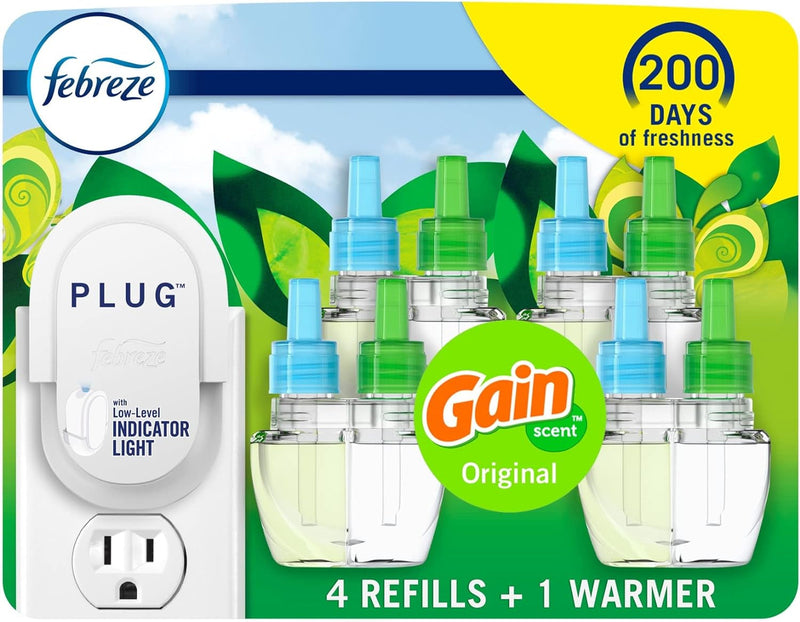 Febreze Plug in Air Fresheners for Home, Air Freshener Plug In, Gain Scent, Odor Fighter for Strong Odors, 1 Warmer + 2 Oil Refills