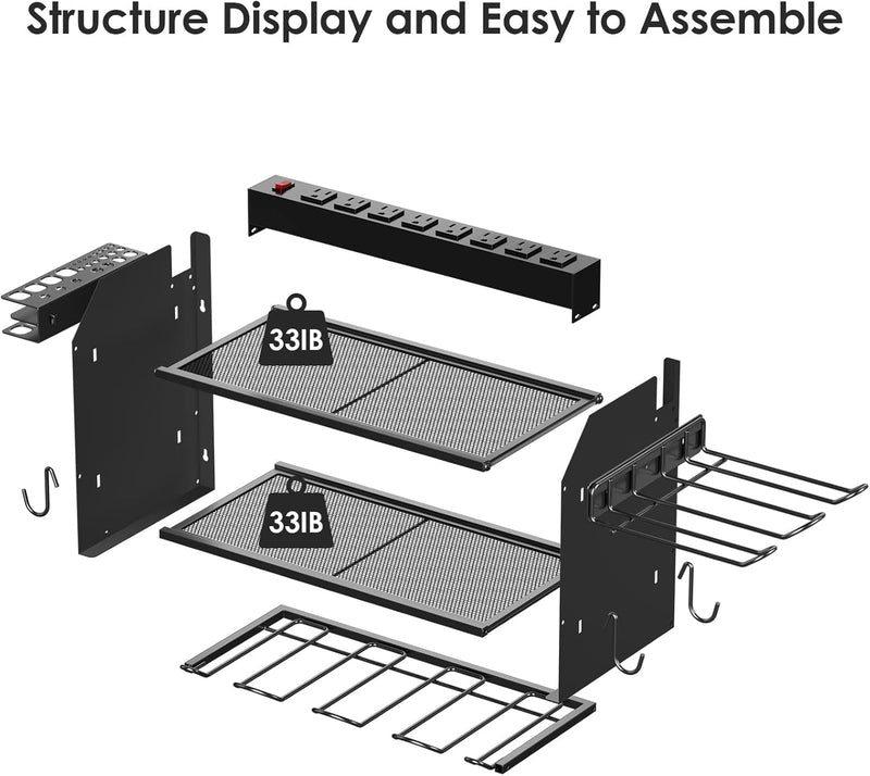 CCCEI Modular Power Tool Organizer Wall Mount Charging Station, Black 6 Drills Holder with 8 Plug Power Strip, Garage Drill Battery Heavy Duty Metal Shelf, Utility Rack with Hooks, Side Storage.