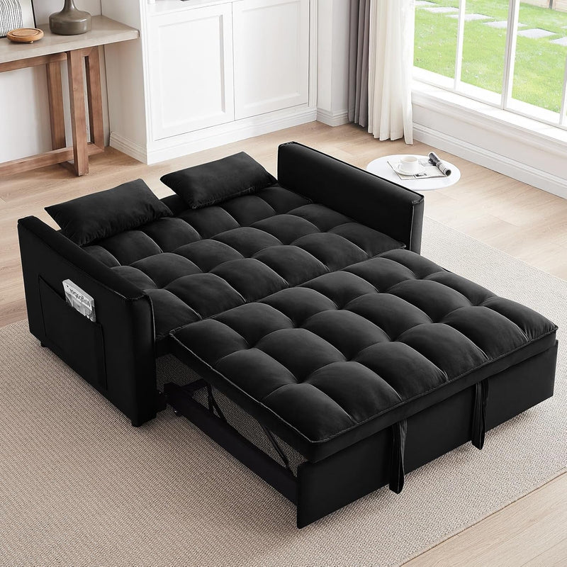 Brafab Pull, 3 in 1 Convertible Sleeper Couch, 55" Loveseat Velvet Tufted Sofa Bed with Adjustable Backrest, Side Pocket and 2 Throw Pillows, for Living Room Bedroom (Black)