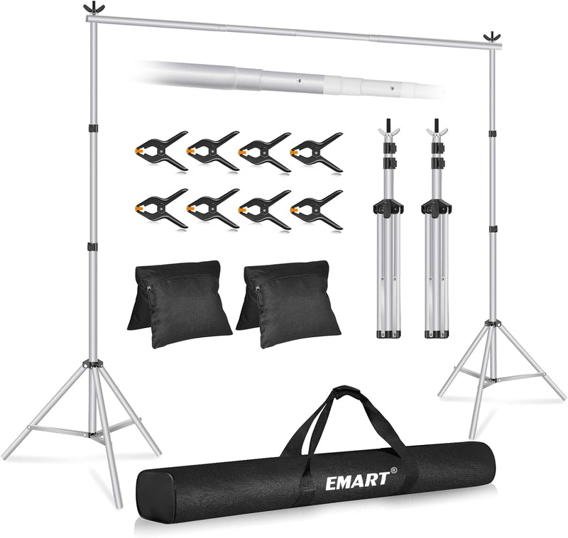 EMART Backdrop Stand 10X7.8Ft(Wxh) Photo Studio Adjustable Background Stand Support Kit with 2 Crossbars, 6 Backdrop Clamps,2 Sandbags and Carrying Bag for Parties Events Decoration