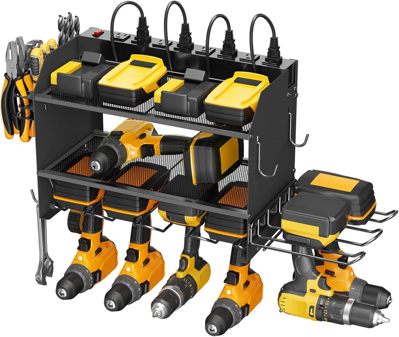 CCCEI Organisateur d'outils électriques modulaire, station de charge murale, support noir pour 6 perceuses avec multiprise 8 prises, étagère en métal robuste pour batterie de perceuse de garage, support utilitaire avec crochets, rangement latéral.