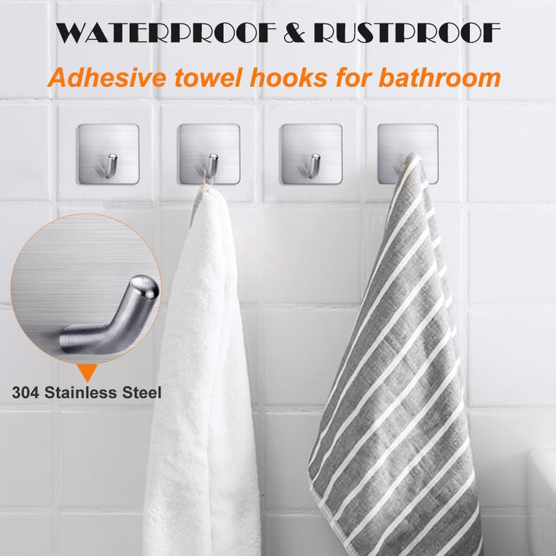 FOTYRIG Heavy Duty Adhesive Towel Hooks Stick on Towel Hanger Wall Holder Waterproof Stainless Steel Sticky Hooks for Hanging Bathroom Kitchen Home-4 Packs