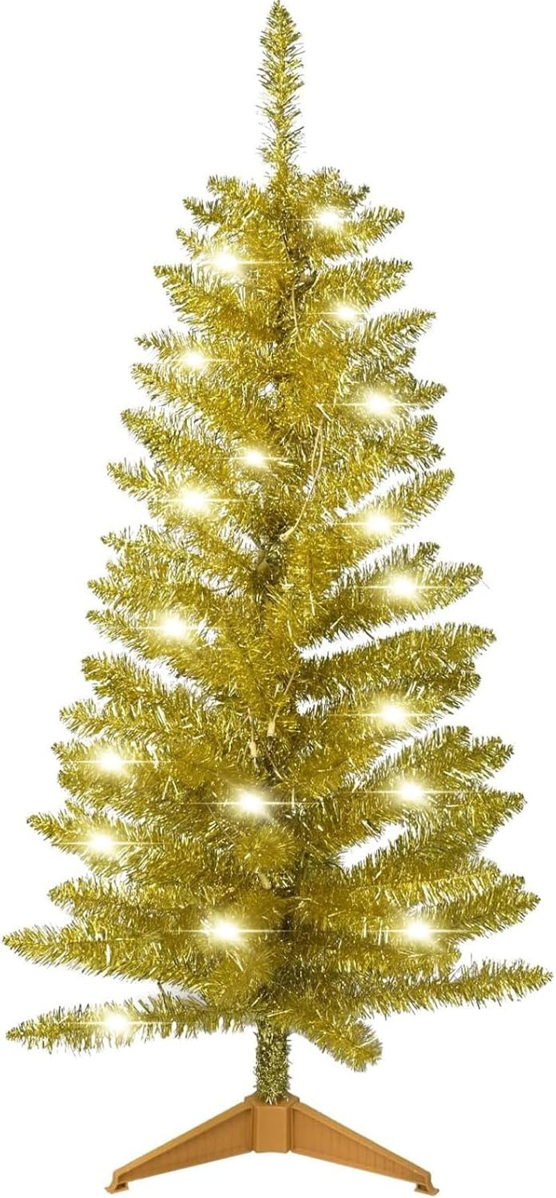 3FT Pre-Lit Artificial Mini Christmas Tree, Premium Small Fake Christmas Tree with String Lights for Home Office Holiday Party Decoration with Foldable Stand, Easy Assembly, White Tinsel