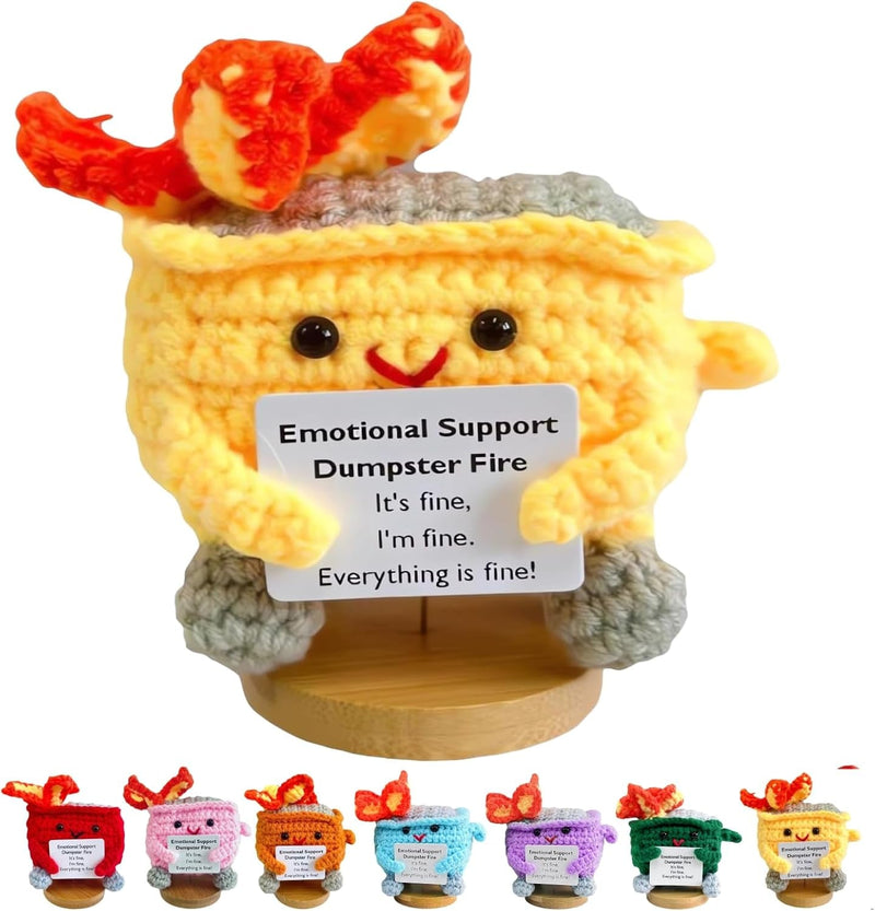 Emotional Support Dumpster- Handmade Crochet Dumpster Fire Doll, Christmas Dumpster Fire Knitting Toy Ornaments with Positive Card, Handmade Emotional Support Crochet Gift Desk Decor (Green)