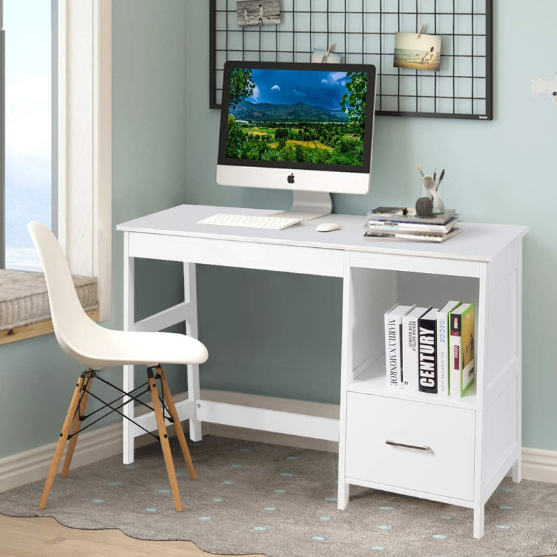 Computer Desk with Drawers, 47.5’’ Modern Office Desk with 2 Storage Drawers and Bookshelf, Wood Corner Work Desk, Compact Writing Desk for Home Office (White)