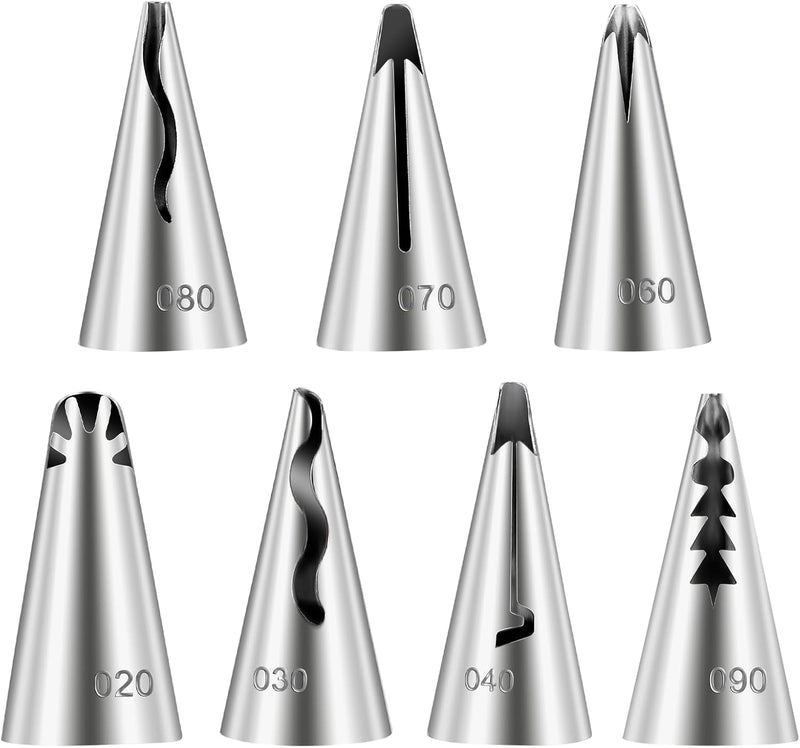 7 Pcs round Hole Piping Tips Set Stainless Steel Cupcake Frosting Nozzles Cake Decorating Tool Russian Pastry Icing Dispensers Supplies for Baking Cookies Puff Doughnut Cream Bag Filler