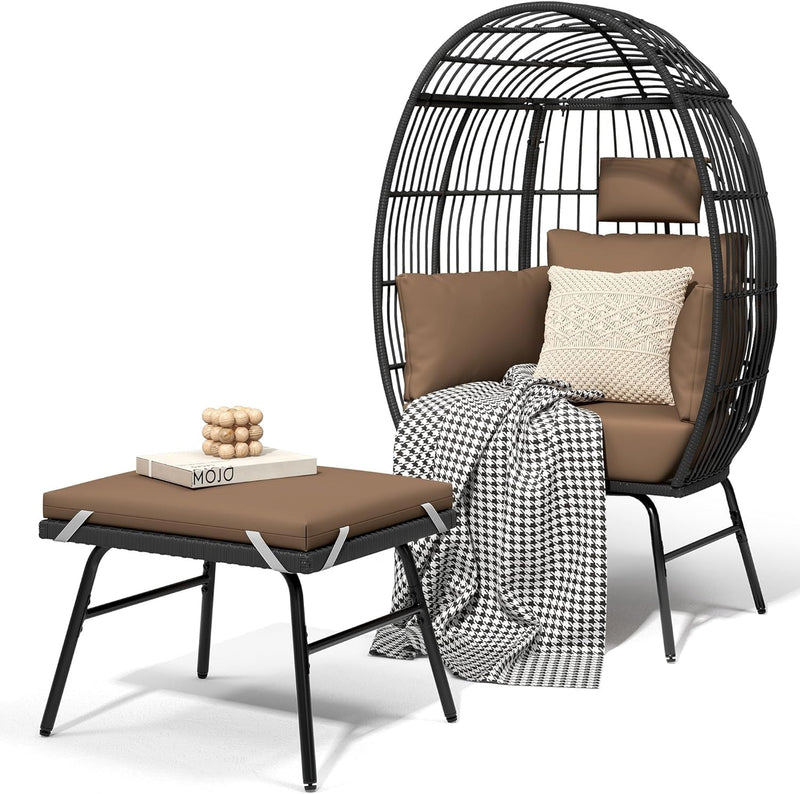 DWVO Outdoor Egg Chair with 2-In-1 Footrest, Patio Wicker Basket Chair with Ottoman, Indoor Egg Chairs with Cushion, Boho Cocoon Chair for Outside, Bedroom, Brown