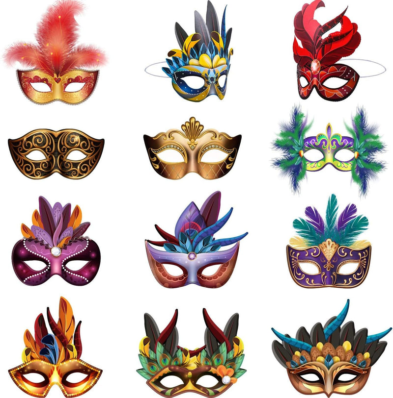 Blulu Mardi Gras Masks Paper Masks Carnival Parade Faux Feather Face Masks Masquerade Party New Orleans Novelty Masks Fantasy for Women Man Costume Party Favors (12 Pcs)