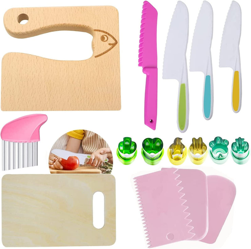 10 Pieces Wooden Kids Kitchen Knife Set, Include Wood Kids Knife Plastic Potato Slicers Cooking Knives Children'S Safe Knifes Cake Scraper Kids Cute Rectangle Cutting Board