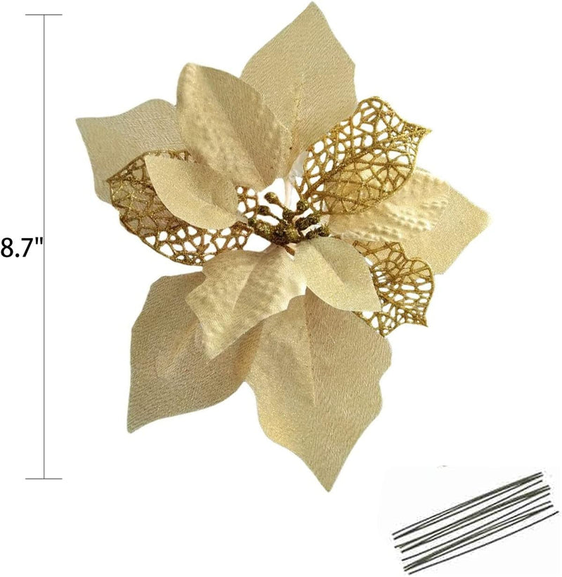 Crazy Night 12Pcs 8.7Inch Gold Glitter Poinsettia Artificial Flowers,Christmas Tree Decorations,Wedding Xmas New Year Wreath Ornaments