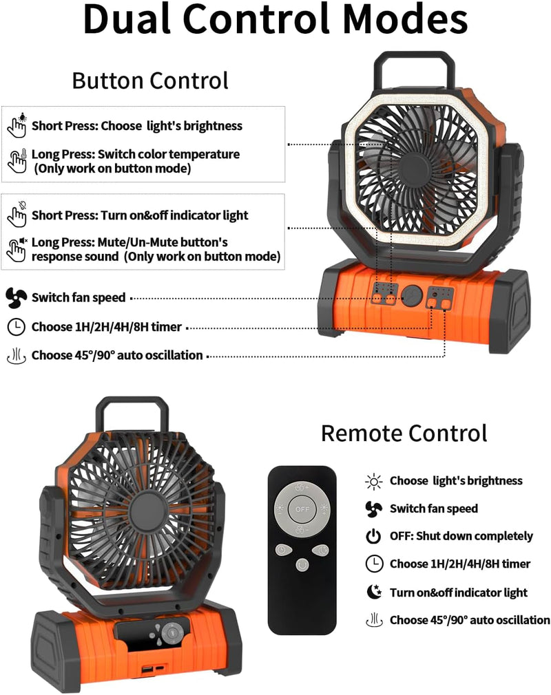 ADUST Camping Fan Battery Operated Powered Fan with LED Lantern Light 20000Mah Rechargeable Portable Fan, Oscillating Fan with 360° Rotation Hanging Hook for Tents, Cordless USB Desk Fan(Orange)