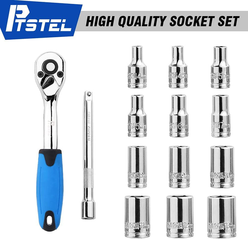 14 Pieces Socket Wrench Kit, 1/4” Drive Socket Set with 72 Teeth Release Ratchet Wrench and Extension Bar, CR-V Sockets